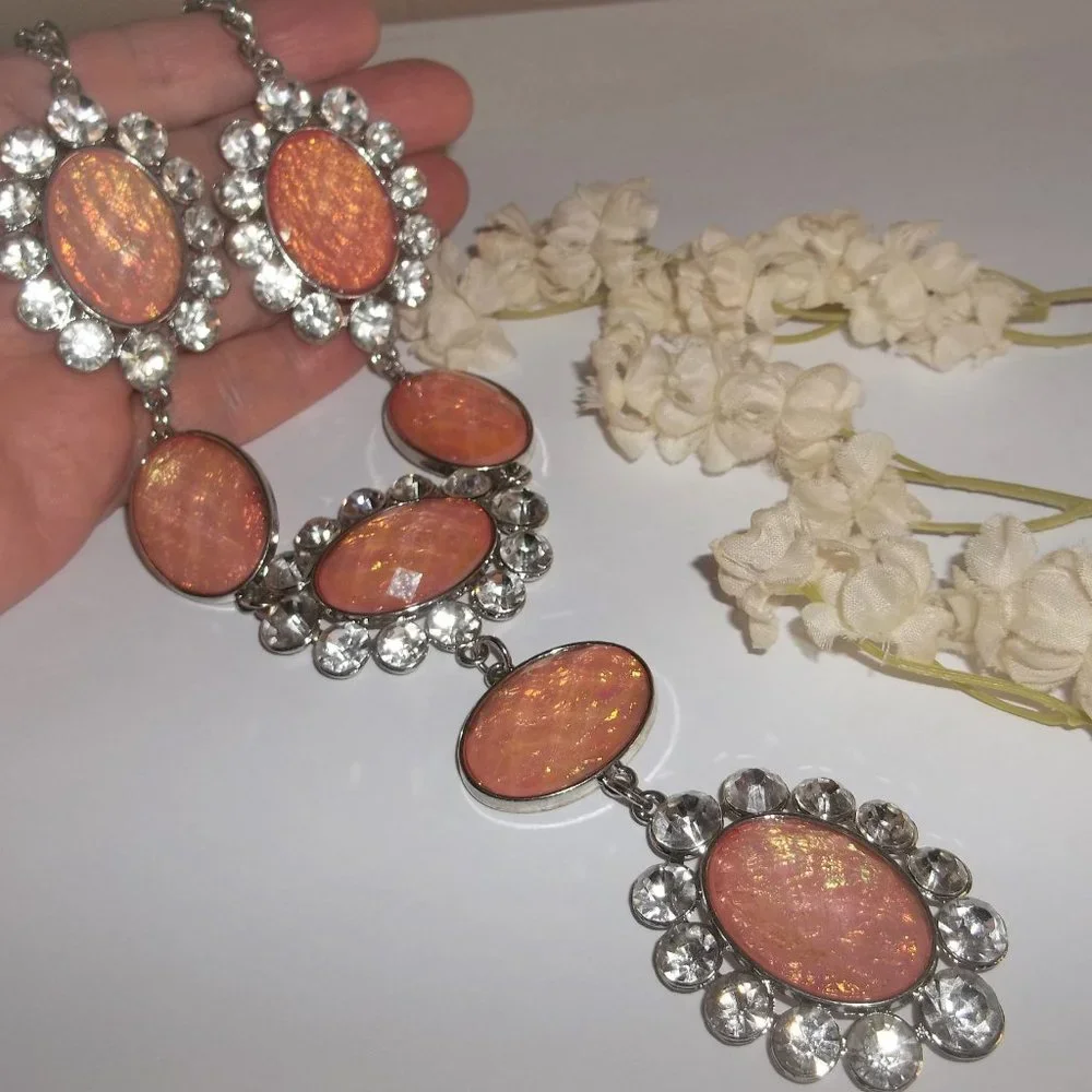 Pre-owned Statement Necklace Orange Peach and Silver White Rhinestones Big A206_6